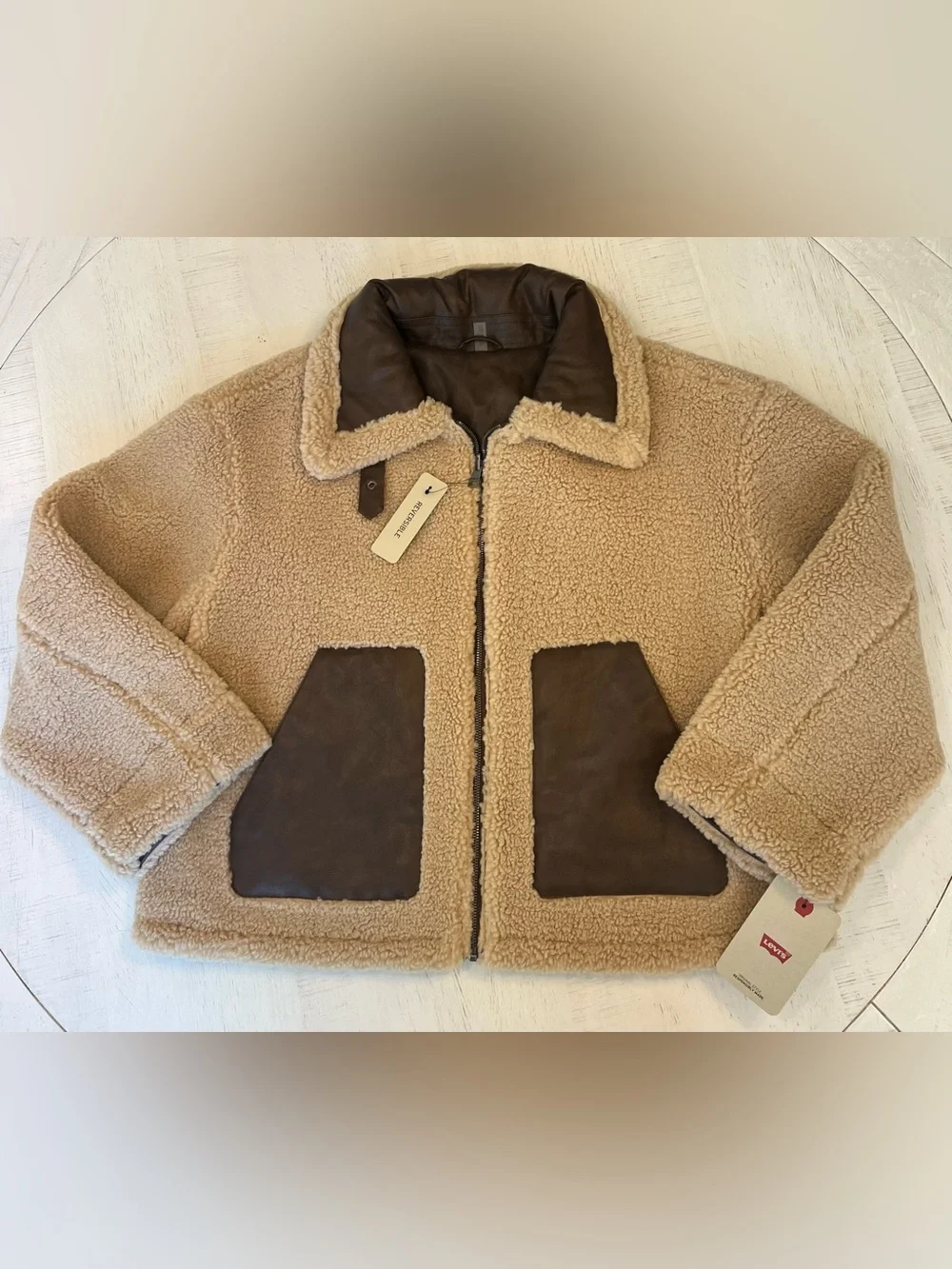 Levi's Tan Sherpa Bomber Jacket with Brown Trim - Picture 1 of 11